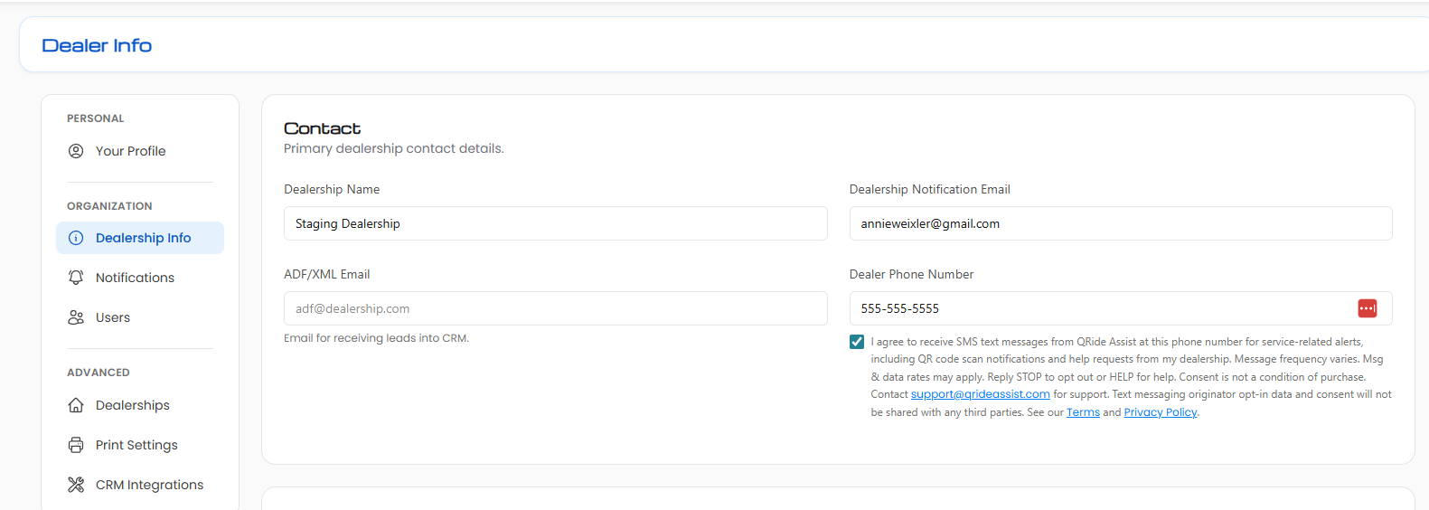 QRide Assist dealer settings page showing the SMS consent checkbox with the phone number field